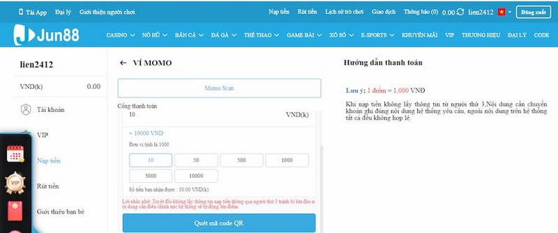 Cách nạp tiền Jun88 qua ví Momo